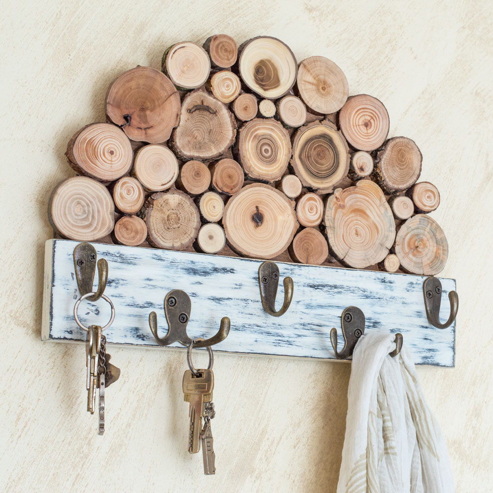 Porta llaves de pared de madera con 5 ganchos, Porta llaves de